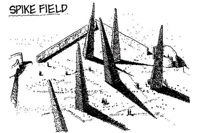 ‘Spike field’: An early idea from the US Department of Energy in the 1990s. The spikes and their shadows would communicate danger, as would warning signs bearing Edward Munch’s 'The Scream' scattered across the site